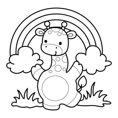 Çeşitli aktiviteleri olan sevimli zürafa hayvanları. Gökkuşağının önündeki zürafa çizgisi