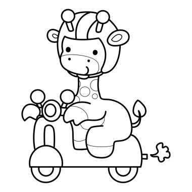 Çeşitli aktiviteleri olan sevimli zürafa hayvanları. Scooter çalan zürafa taslağı.