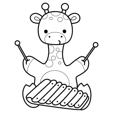 Çeşitli aktiviteleri olan sevimli zürafa hayvanları. Ksilofon çalan zürafa taslağı