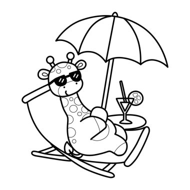 Çeşitli aktiviteleri olan sevimli zürafa hayvanları. Kumsalda yatan zürafanın taslağı.