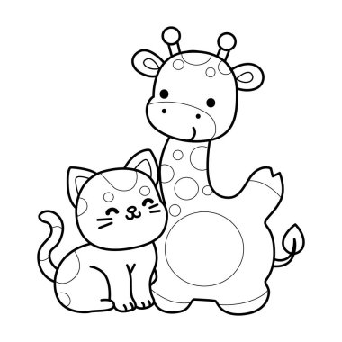 Çeşitli aktiviteleri olan sevimli zürafa hayvanları. Kedi yavrusuyla oynayan zürafa taslağı.