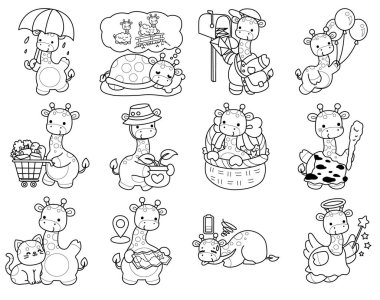 Çeşitli aktiviteleri olan sevimli zürafa hayvanları. Rastgele aktivitelerin varyasyonunda zürafanın ana hatları