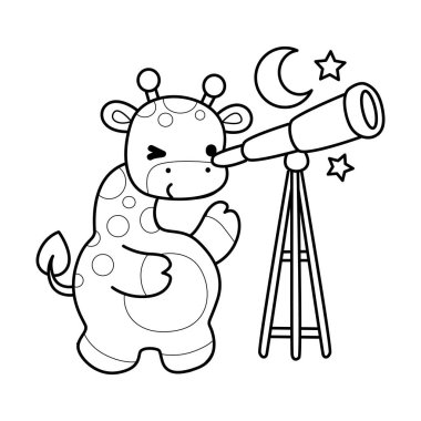 Çeşitli aktiviteleri olan sevimli zürafa hayvanları. Zürafa çizgisi Ay 'ı teleskopla görüyor