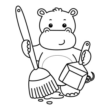 Tatlı su aygırı ikonu. Komik bebek su aygırı hayvan serisi illüstrasyonu. Kabarık su aygırlarının hayatı. Hipopotam çizgisi bir süpürge ve toz bezi getir.