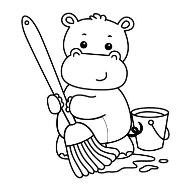 Tatlı su aygırı ikonu. Komik bebek su aygırı hayvan serisi illüstrasyonu. Kabarık su aygırlarının hayatı. Yerleri süpürgeyle temizleyen hipopotam çizgisi.