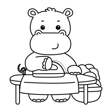 Tatlı su aygırı ikonu. Komik bebek su aygırı hayvan serisi illüstrasyonu. Kabarık su aygırlarının hayatı. Elbiseleri ütüleyen su aygırının taslağı.