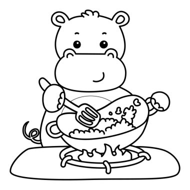 Tatlı su aygırı ikonu. Komik bebek su aygırı hayvan serisi illüstrasyonu. Kabarık su aygırlarının hayatı. Kızarmış pirinç pişiren su aygırının taslağı.