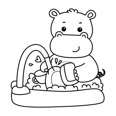 Tatlı su aygırı ikonu. Komik bebek su aygırı hayvan serisi illüstrasyonu. Kabarık su aygırlarının hayatı. Lavaboda tabak yıkayan su aygırının taslağı.