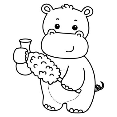 Tatlı su aygırı ikonu. Komik bebek su aygırı hayvan serisi illüstrasyonu. Kabarık su aygırlarının hayatı. Su aygırının vazoyu toz beziyle temizleme taslağı.