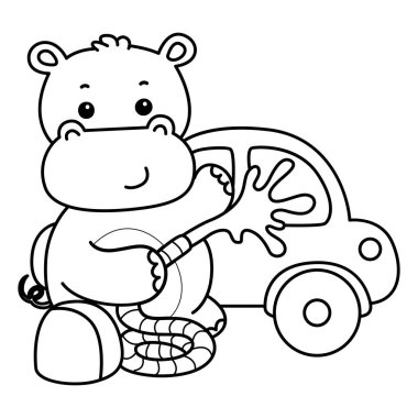 Tatlı su aygırı ikonu. Komik bebek su aygırı hayvan serisi illüstrasyonu. Kabarık su aygırlarının hayatı. Bir arabayı yıkayan su aygırının taslağı.