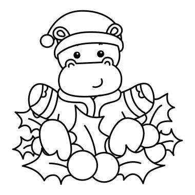 Noel temalı şirin bir hipopotam vektör ikonu. Komik bebek suaygırı hayvan Noel illüstrasyonu. Kiraz bitkilerinin ortasındaki Noel Baba suaygırının taslağı.