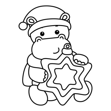 Noel temalı şirin bir hipopotam vektör ikonu. Komik bebek suaygırı hayvan Noel illüstrasyonu. Noel Baba 'nın yıldız dekoruna sarılmasının ana hatları.