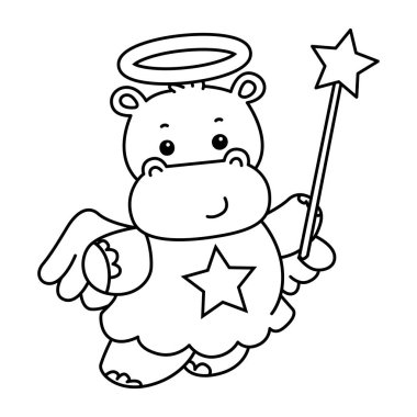 Noel temalı şirin bir hipopotam vektör ikonu. Komik bebek suaygırı hayvan Noel illüstrasyonu. Hipopotam çizgisi, melek kostümü giymiş.