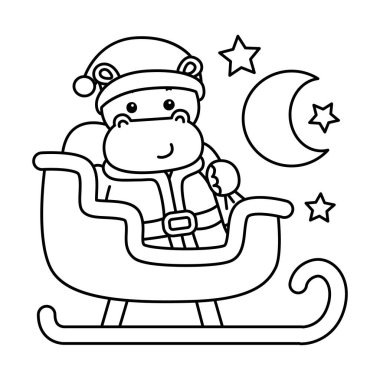 Noel temalı şirin bir hipopotam vektör ikonu. Komik bebek suaygırı hayvan Noel illüstrasyonu. Trene binen Noel Baba suaygırının taslağı.