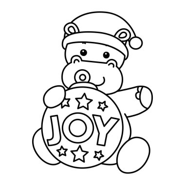 Noel temalı şirin bir hipopotam vektör ikonu. Komik bebek suaygırı hayvan Noel illüstrasyonu. Noel Baba suaygırının ana hatları neşe dekoru getirir.