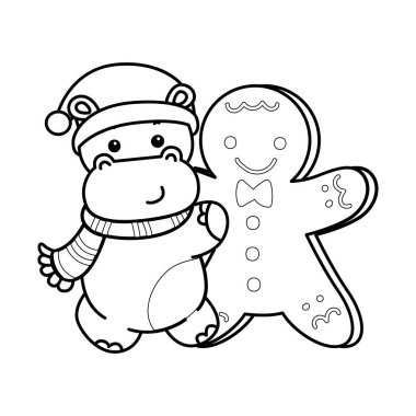 Noel temalı şirin bir hipopotam vektör ikonu. Komik bebek suaygırı hayvan Noel illüstrasyonu. Noel Baba 'nın zencefilli ekmeğe sarılışının ana hatları