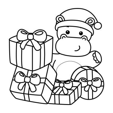 Noel temalı şirin bir hipopotam vektör ikonu. Komik bebek suaygırı hayvan Noel illüstrasyonu. Noel Baba suaygırının ana hatları bir sürü hediye kutusu getiriyor.