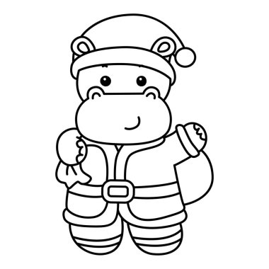 Noel temalı şirin bir hipopotam vektör ikonu. Komik bebek suaygırı hayvan Noel illüstrasyonu. Hipopotam çizgisi Noel Baba kostümü giyiyor.