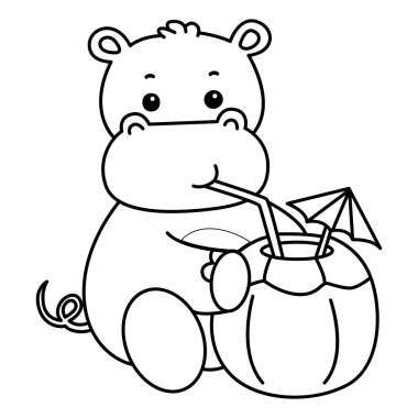 Tatlı su aygırı vektör ikonu. Komik bebek suaygırı hayvan gösterimi. Hindistancevizi içen su aygırının taslağı.