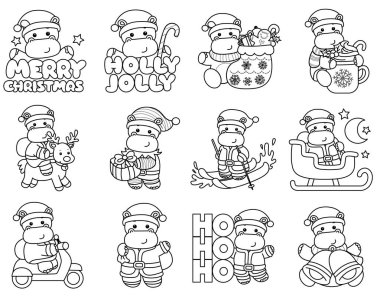 Noel temalı şirin bir hipopotam vektör ikonu. Komik bebek suaygırı hayvan Noel illüstrasyonu. Yılbaşı partisinin varyasyonunda suaygırlarının ana hatları