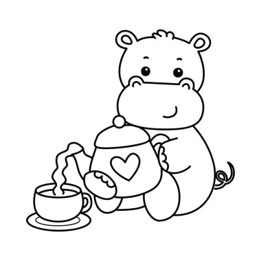 Tatlı su aygırı ikonu. Komik bebek su aygırı hayvan serisi illüstrasyonu. Kabarık su aygırlarının hayatı. Su aygırlarının çaydanlıktan çay doldurması.