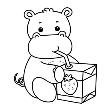 Tatlı su aygırı ikonu. Komik bebek su aygırı hayvan serisi illüstrasyonu. Kabarık su aygırlarının hayatı. Çilekli süt içen hipopotam çizgisi