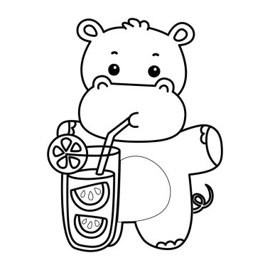 Tatlı su aygırı ikonu. Komik bebek su aygırı hayvan serisi illüstrasyonu. Kabarık su aygırlarının hayatı. Hipopotam portakal suyu içerken.