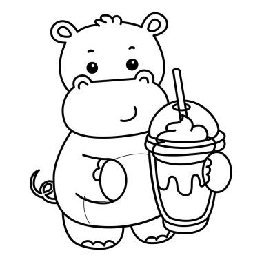 Tatlı su aygırı ikonu. Komik bebek su aygırı hayvan serisi illüstrasyonu. Kabarık su aygırlarının hayatı. Su aygırları milkshake getirir.