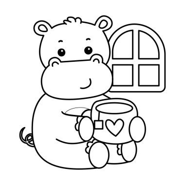 Tatlı su aygırı ikonu. Komik bebek su aygırı hayvan serisi illüstrasyonu. Kabarık su aygırlarının hayatı. Sıcak çay içen su aygırının taslağı.