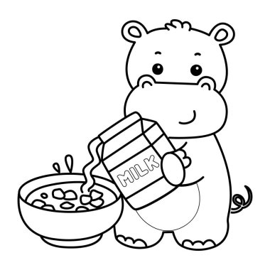 Tatlı su aygırı ikonu. Komik bebek su aygırı hayvan serisi illüstrasyonu. Kabarık su aygırlarının hayatı. Mısır gevreği kasesine süt döken su aygırlarının ana hatları