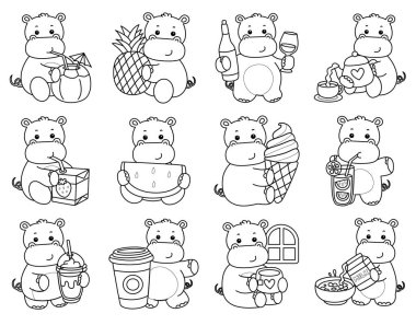 Tatlı su aygırı ikonu. Komik bebek su aygırı hayvan serisi illüstrasyonu. Kabarık su aygırlarının hayatı. Su aygırlarının içki ve içecek çeşitlerinin ana hatları.