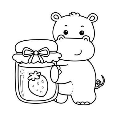 Tatlı su aygırı ikonu. Komik bebek su aygırı hayvan serisi illüstrasyonu. Kabarık su aygırlarının hayatı. Hipopotam çizgisi çilek reçeli getirir.