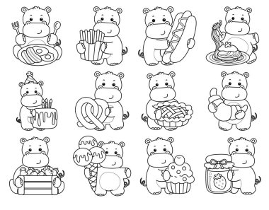 Tatlı su aygırı ikonu. Komik bebek su aygırı hayvan serisi illüstrasyonu. Kabarık su aygırlarının hayatı. Abur cubur ve abur cubur çeşitleriyle birlikte su aygırının ana hatları