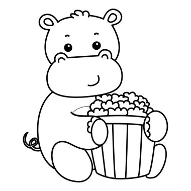 Tatlı su aygırı ikonu. Komik bebek su aygırı hayvan serisi illüstrasyonu. Kabarık su aygırlarının hayatı. Hipopotam çizgisi patlamış mısır getirir.