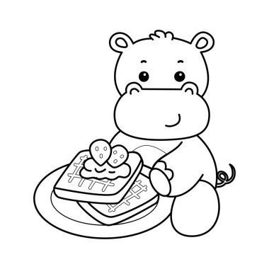 Tatlı su aygırı ikonu. Komik bebek su aygırı hayvan serisi illüstrasyonu. Kabarık su aygırlarının hayatı. Hipopotam çizgisi çilekli ekmek getirir.