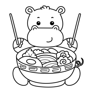 Tatlı su aygırı ikonu. Komik bebek su aygırı hayvan serisi illüstrasyonu. Kabarık su aygırlarının hayatı. Su aygırlarının ana hatları ramen yemek istiyor.