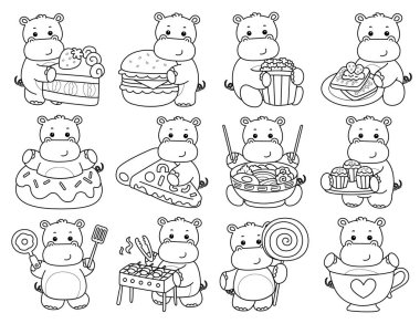 Tatlı su aygırı ikonu. Komik bebek su aygırı hayvan serisi illüstrasyonu. Kabarık su aygırlarının hayatı. Fast food ve tatlı çeşitlerinin ana hatları.