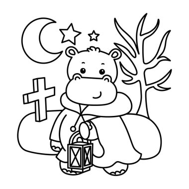 Cadılar Bayramı temalı şirin su aygırı vektör ikonu. Komik bebek su aygırı hayvan Cadılar Bayramı illüstrasyonu. Mezardaki su aygırının ana hatları.