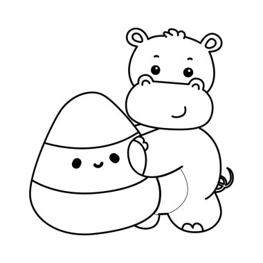 Cadılar Bayramı temalı şirin su aygırı vektör ikonu. Komik bebek su aygırı hayvan Cadılar Bayramı illüstrasyonu. Su aygırı çizgisi sarı bir şeker getir.