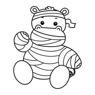 Cadılar Bayramı temalı şirin su aygırı vektör ikonu. Komik bebek su aygırı hayvan Cadılar Bayramı illüstrasyonu. Mumya kostümü giymiş bir suaygırı tasviri