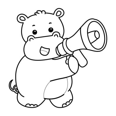 Tatlı su aygırı ikonu. Komik bebek su aygırı hayvan serisi illüstrasyonu. Kabarık su aygırlarının hayatı. Megafonla ses çıkaran su aygırının ana hatları