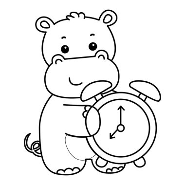 Tatlı su aygırı ikonu. Komik bebek su aygırı hayvan serisi illüstrasyonu. Kabarık su aygırlarının hayatı. Hipopotam çizgisi bir çalar saat getir