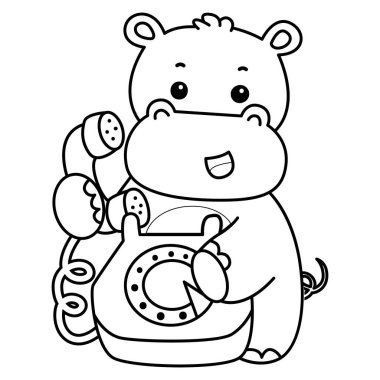 Tatlı su aygırı ikonu. Komik bebek su aygırı hayvan serisi illüstrasyonu. Kabarık su aygırlarının hayatı. Hipopotamın birini telefonla araması.