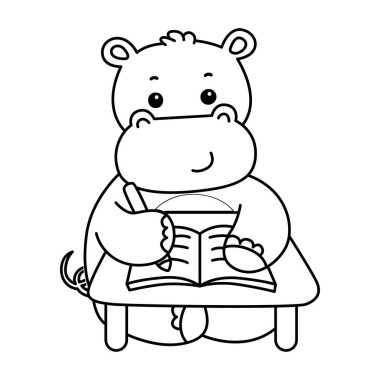 Tatlı su aygırı ikonu. Komik bebek su aygırı hayvan serisi illüstrasyonu. Kabarık su aygırlarının hayatı. Masadaki hipopotamların ana hatları