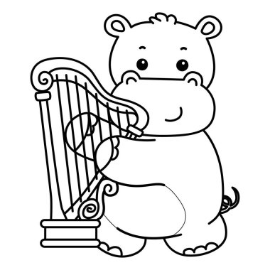 Tatlı su aygırı ikonu. Komik bebek su aygırı hayvan serisi illüstrasyonu. Kabarık su aygırlarının hayatı. Harpa çalan su aygırının taslağı.