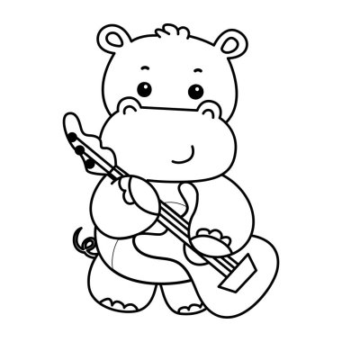 Tatlı su aygırı ikonu. Komik bebek su aygırı hayvan serisi illüstrasyonu. Tüylü su aygırlarının hayatı. Gitar çalan su aygırlarının ana hatları.