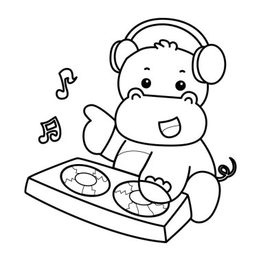 Tatlı su aygırı ikonu. Komik bebek su aygırı hayvan serisi illüstrasyonu. Kabarık su aygırlarının hayatı. Kulüpte disk çalan hipopotam çizgisi.