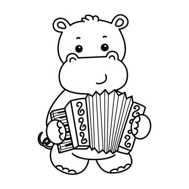 Tatlı su aygırı ikonu. Komik bebek su aygırı hayvan serisi illüstrasyonu. Kabarık su aygırlarının hayatı. Akordeon çalan hipopotam çizgisi