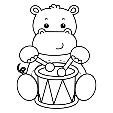 Tatlı su aygırı ikonu. Komik bebek su aygırı hayvan serisi illüstrasyonu. Kabarık su aygırlarının hayatı. Karnavalda davul çalan su aygırının taslağı.