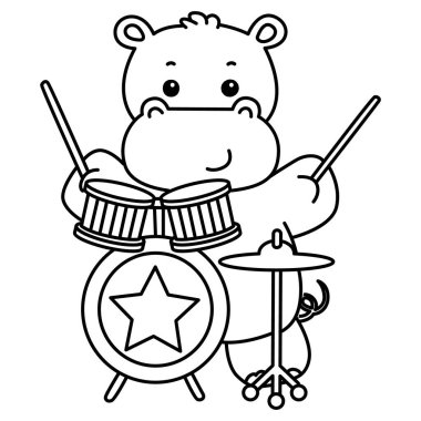 Tatlı su aygırı ikonu. Komik bebek su aygırı hayvan serisi illüstrasyonu. Kabarık su aygırlarının hayatı. Grupta davul çalan su aygırının taslağı.